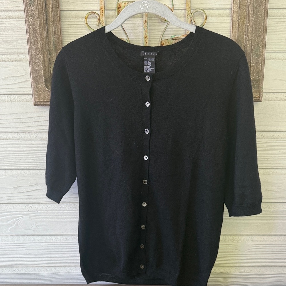 Theory Cashmere Black Button Up Short Sleeve Cardigan